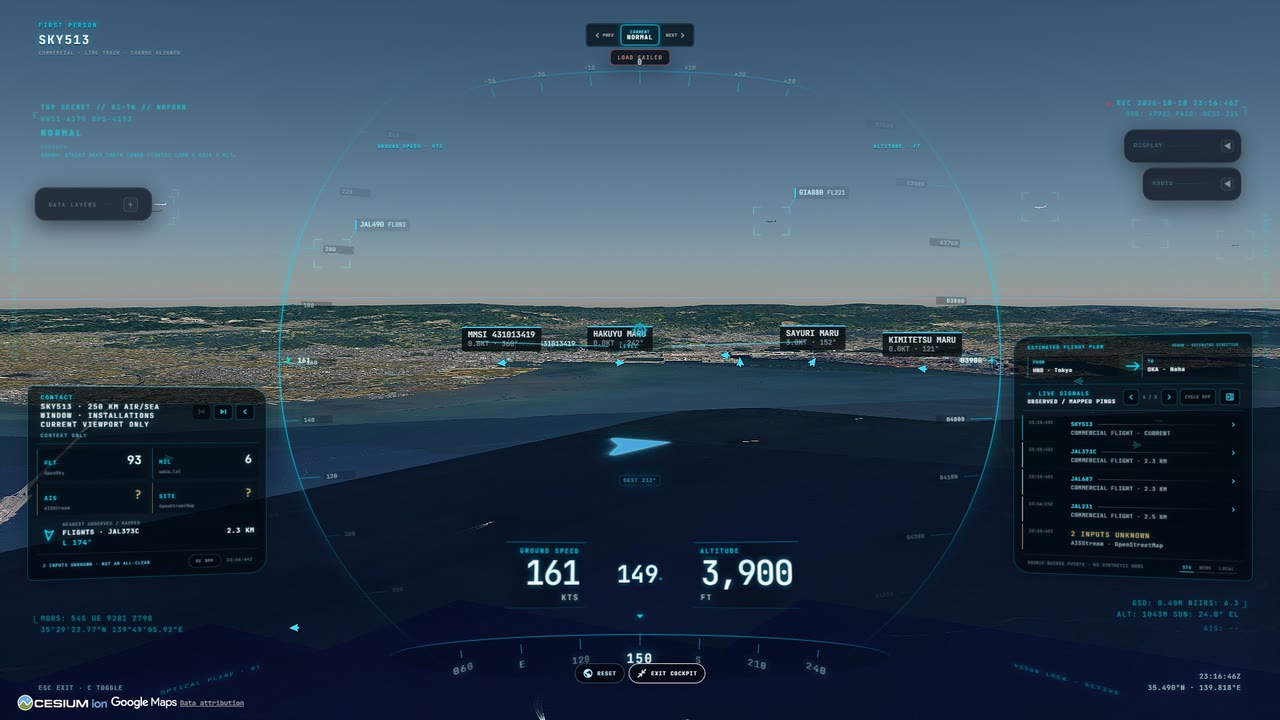 The cockpit HUD of a live flight over Tokyo Bay, with labelled ships and nearby flights.