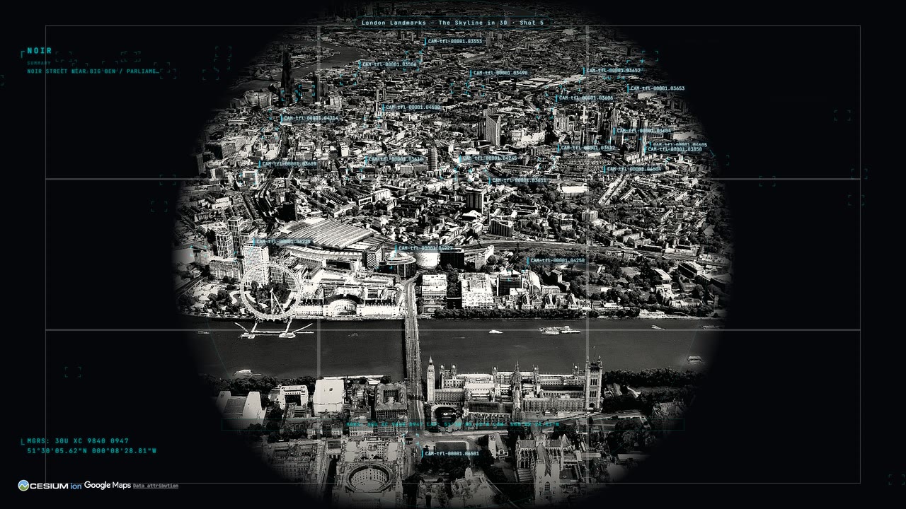 London's South Bank in black and white inside the circular keyhole scope.