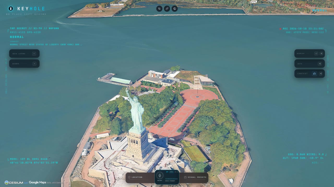 The Statue of Liberty on Liberty Island, photorealistic 3D tiles in the default look.