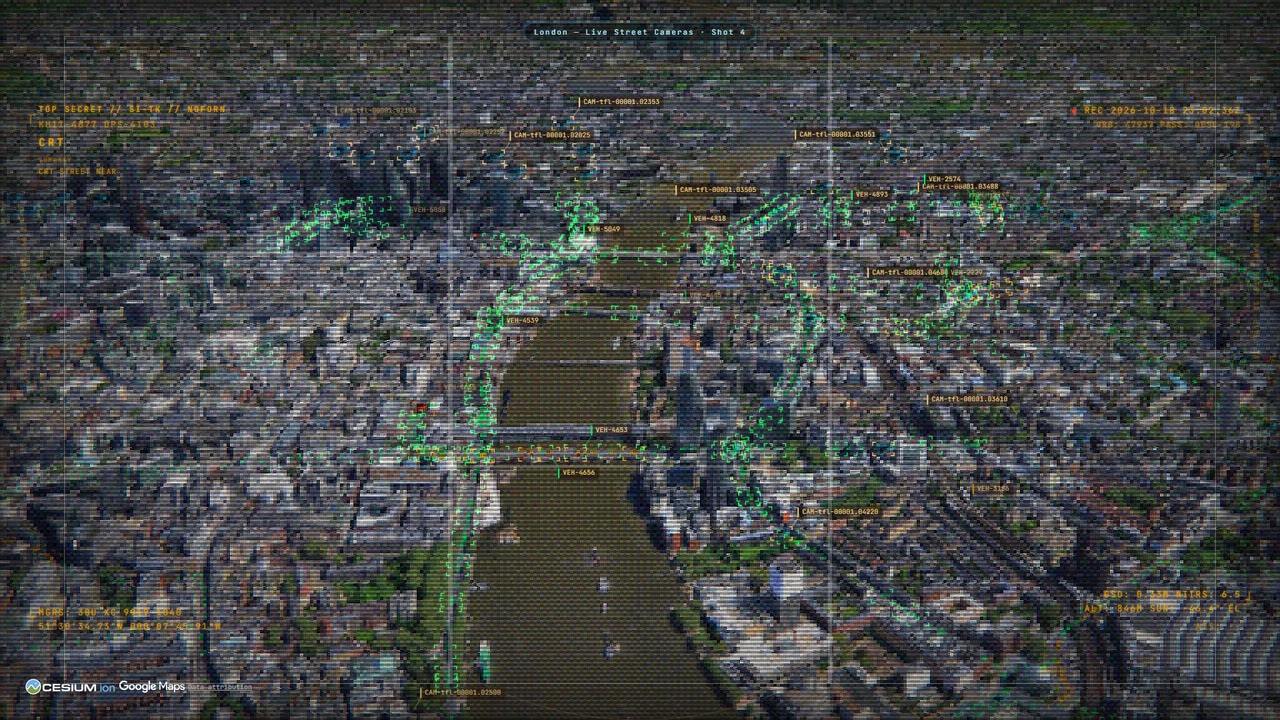 The Thames in the CRT look with TfL camera labels and traffic-flow lines.