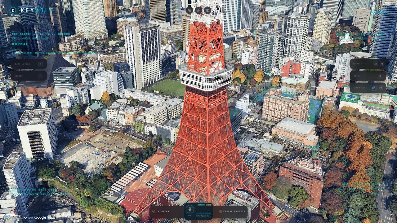 Tokyo Tower in full colour from above, in the default look, after the agent flew there.
